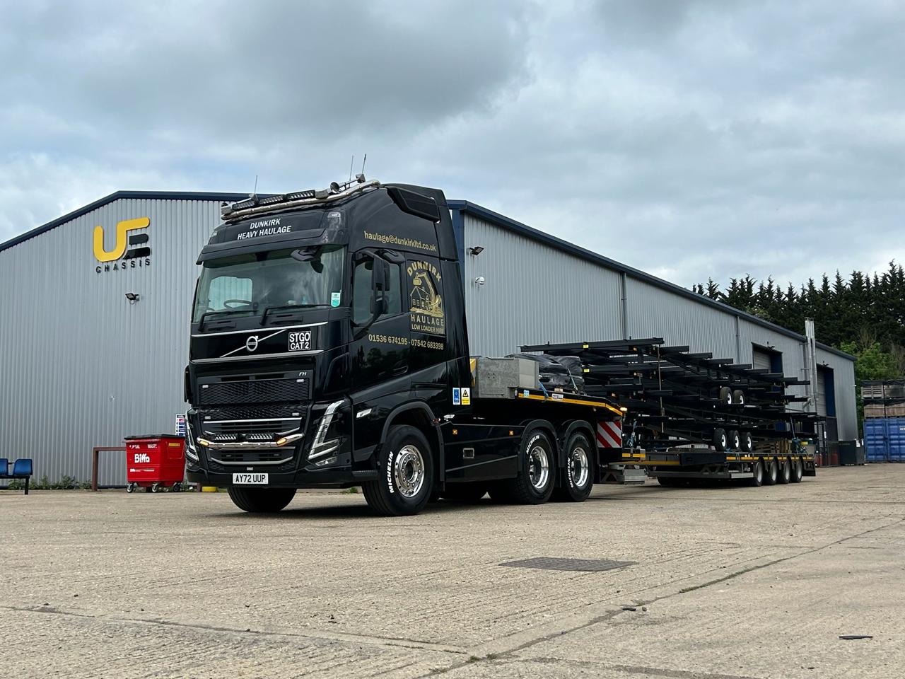 Dunkirk Volvo low-loader trailer in yard
